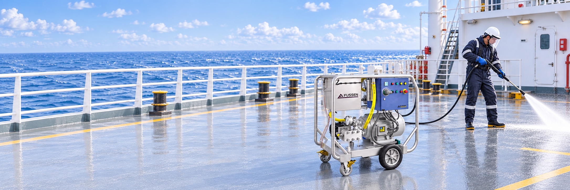 Fussen FDE high pressure washer cleaning a ship deck