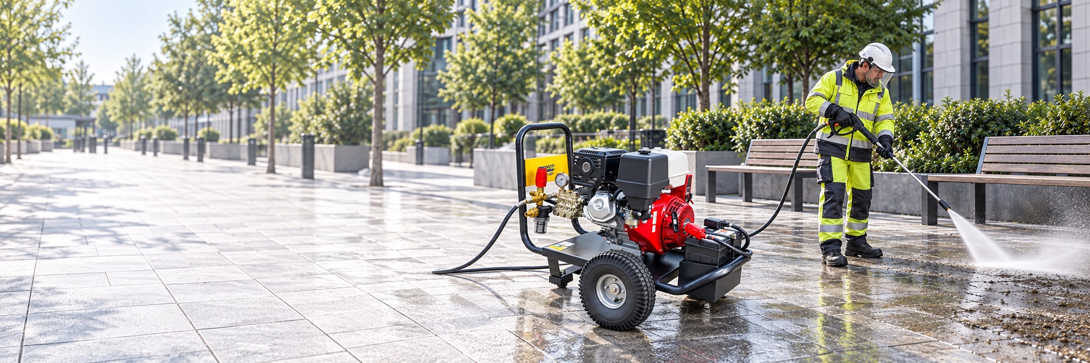 Fussen FAG gasoline high pressure washer cleaning a city pavement