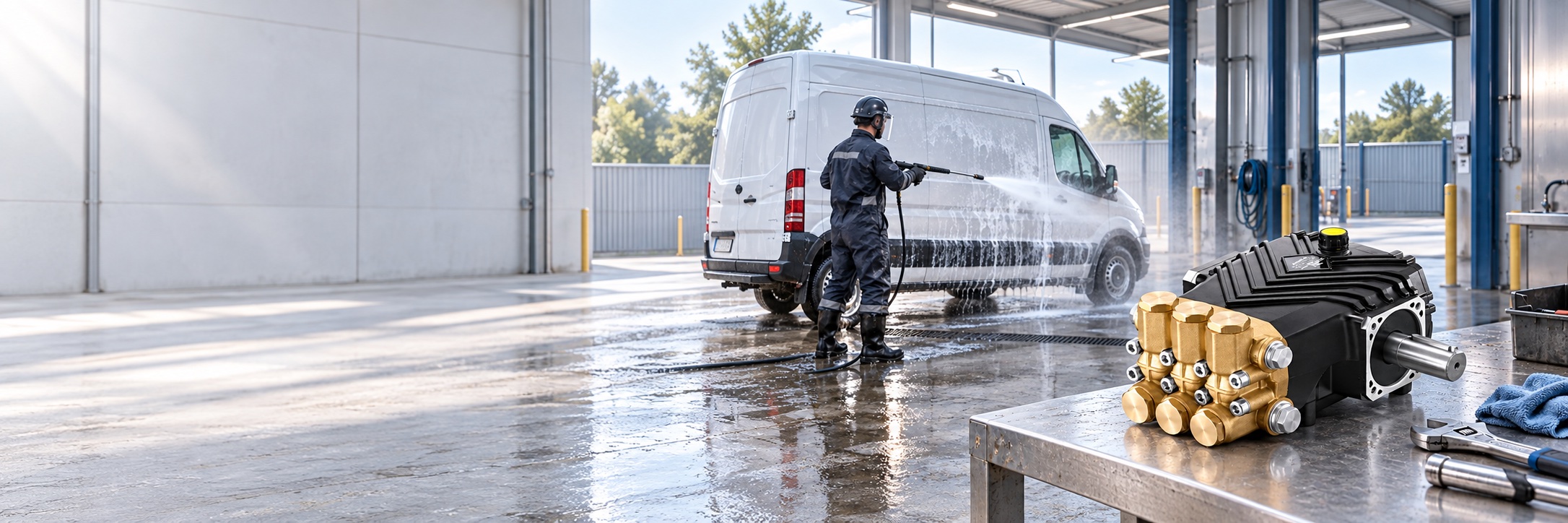 Fussen triplex plunger pump at a vehicle wash bay