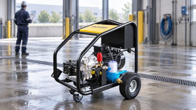 Fussen FBE Series electric high pressure washer on an industrial plant floor with a technician reviewing a checklist