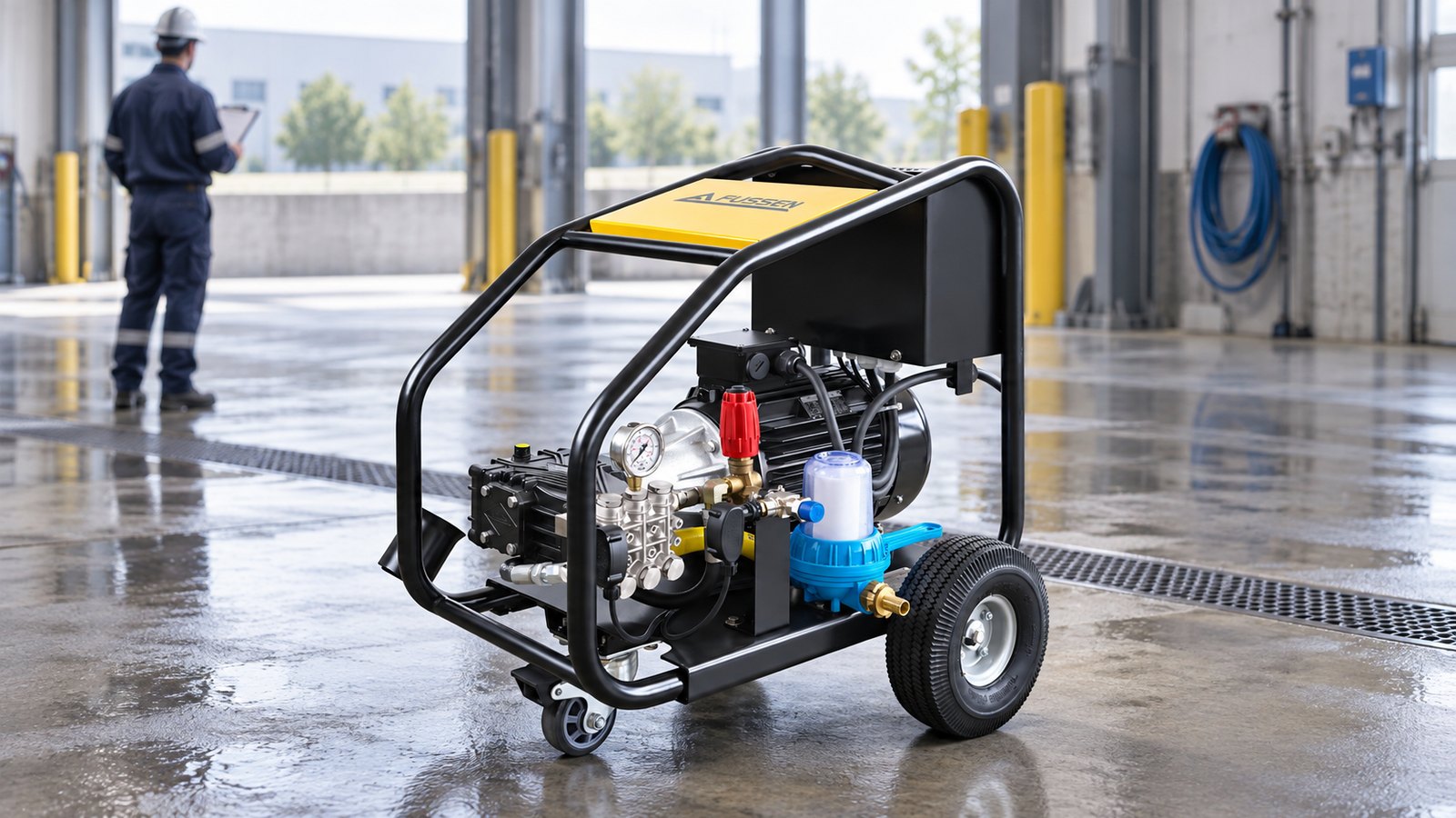 Fussen FBE Series electric high pressure washer on an industrial plant floor with a technician reviewing a checklist