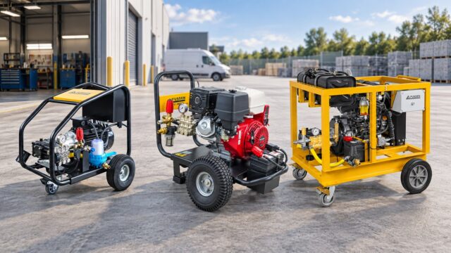 Fussen electric, gasoline and diesel high pressure washers lined up in a factory yard