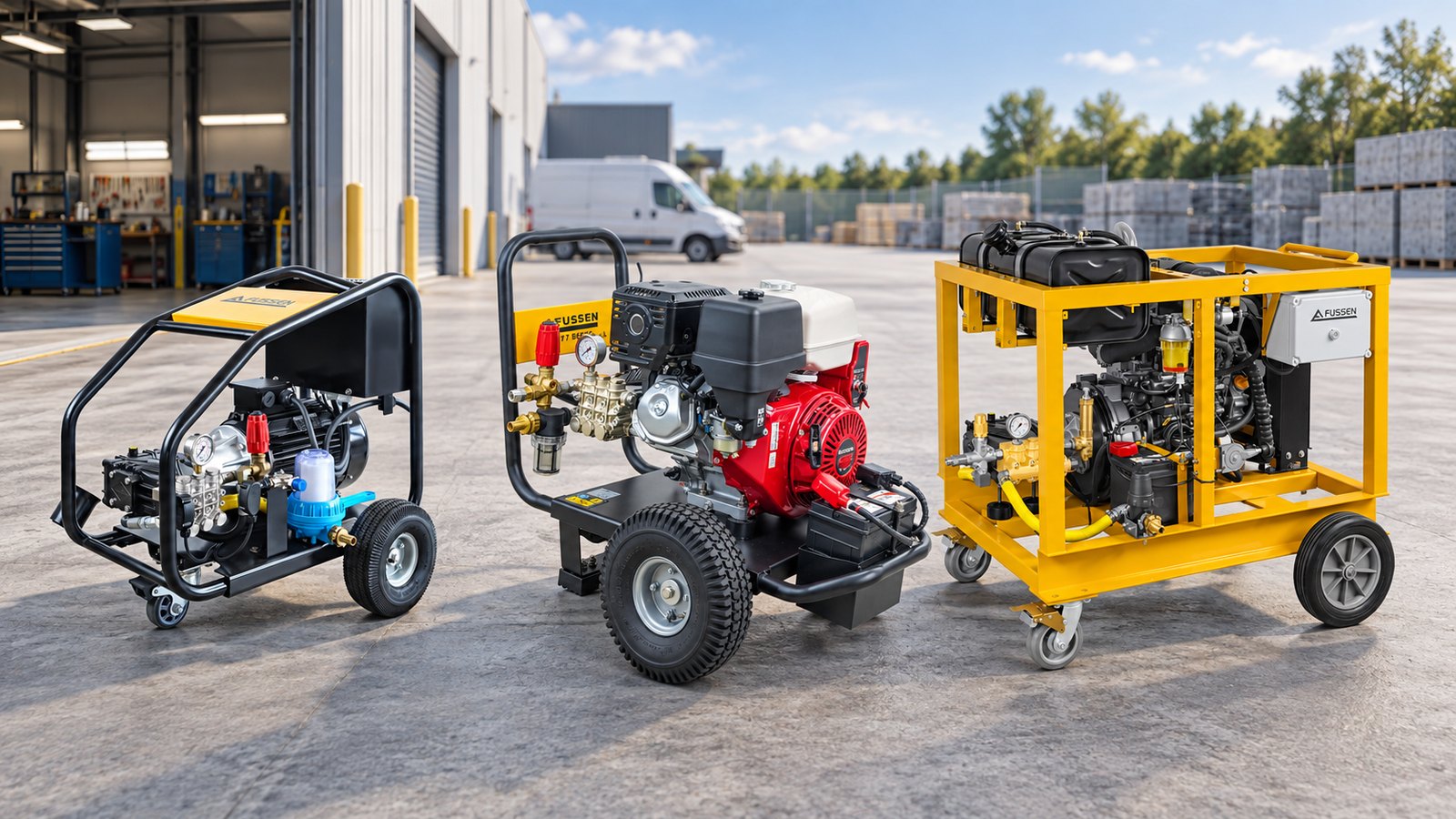 Fussen electric, gasoline and diesel high pressure washers lined up in a factory yard