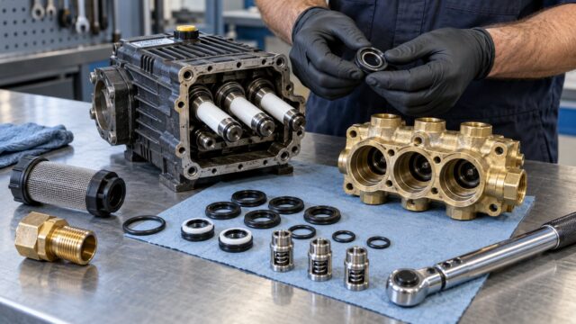 Technician inspecting plunger pump seals, valves and filter during high pressure pump maintenance