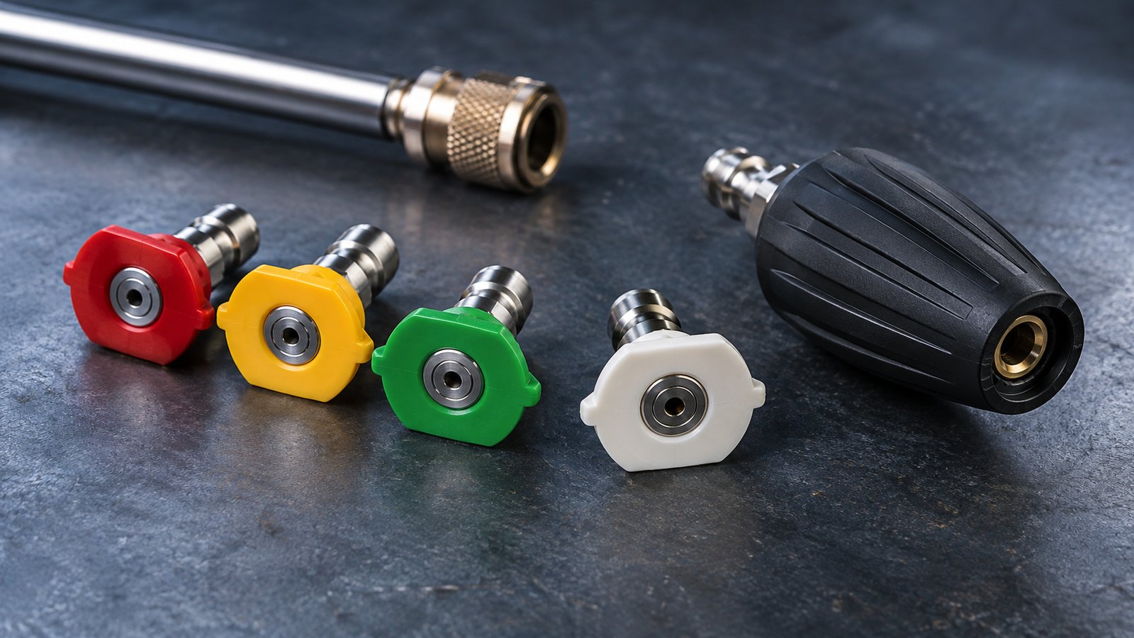 Color-coded quick-connect pressure washer nozzles and a turbo nozzle next to a spray lance