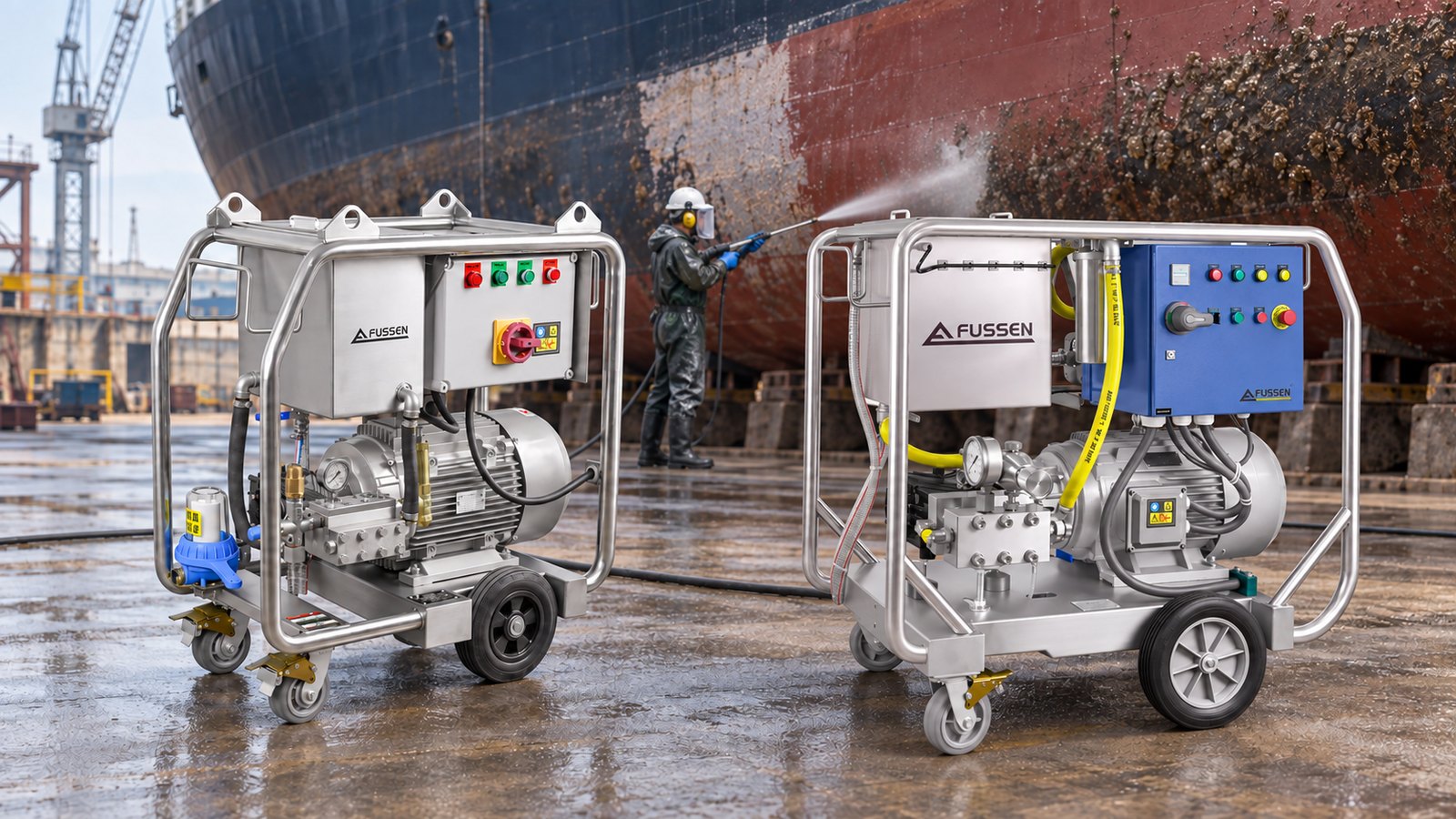 Fussen high pressure washers at a dry dock while an operator cleans a fouled ship hull