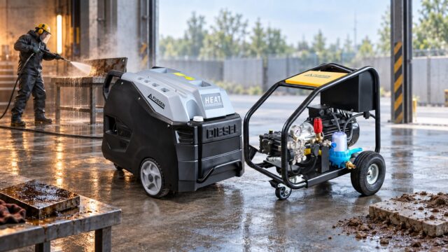Fussen hot water pressure washer and cold water unit in a workshop with an operator degreasing parts